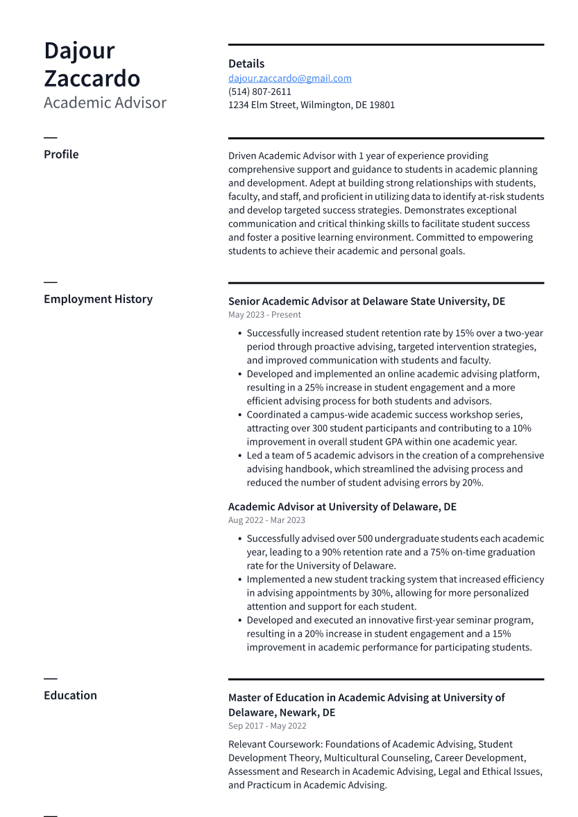 Academic Advisor Resume Example