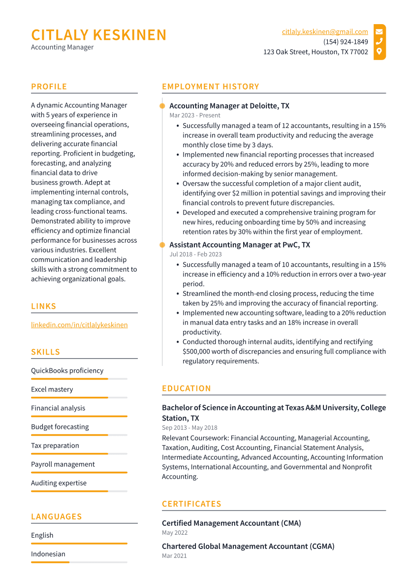 Accounting Manager Resume Example