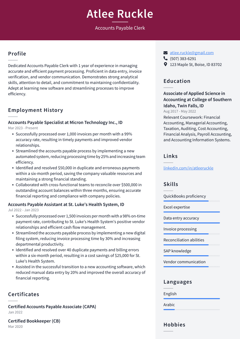 Accounts Payable Clerk Resume Example