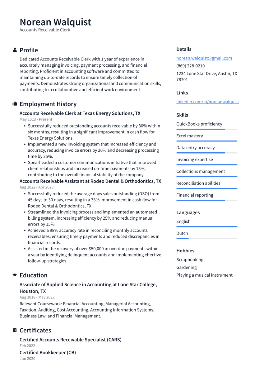 Accounts Receivable Clerk Resume Example