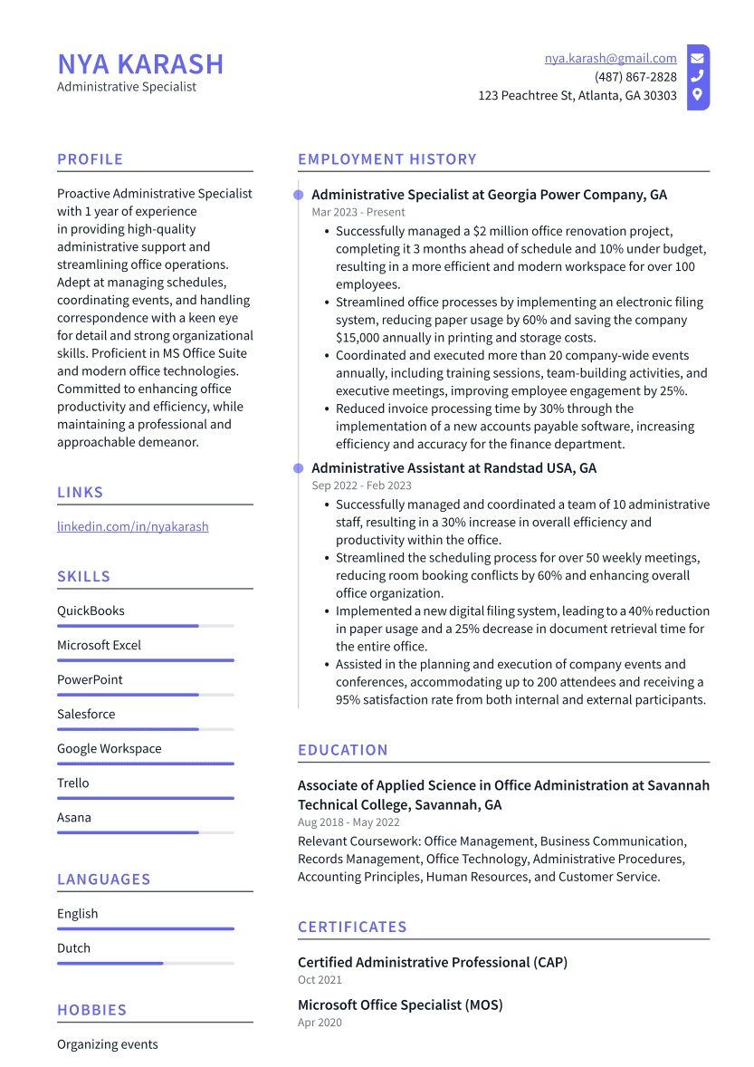 Administrative Specialist Resume Example