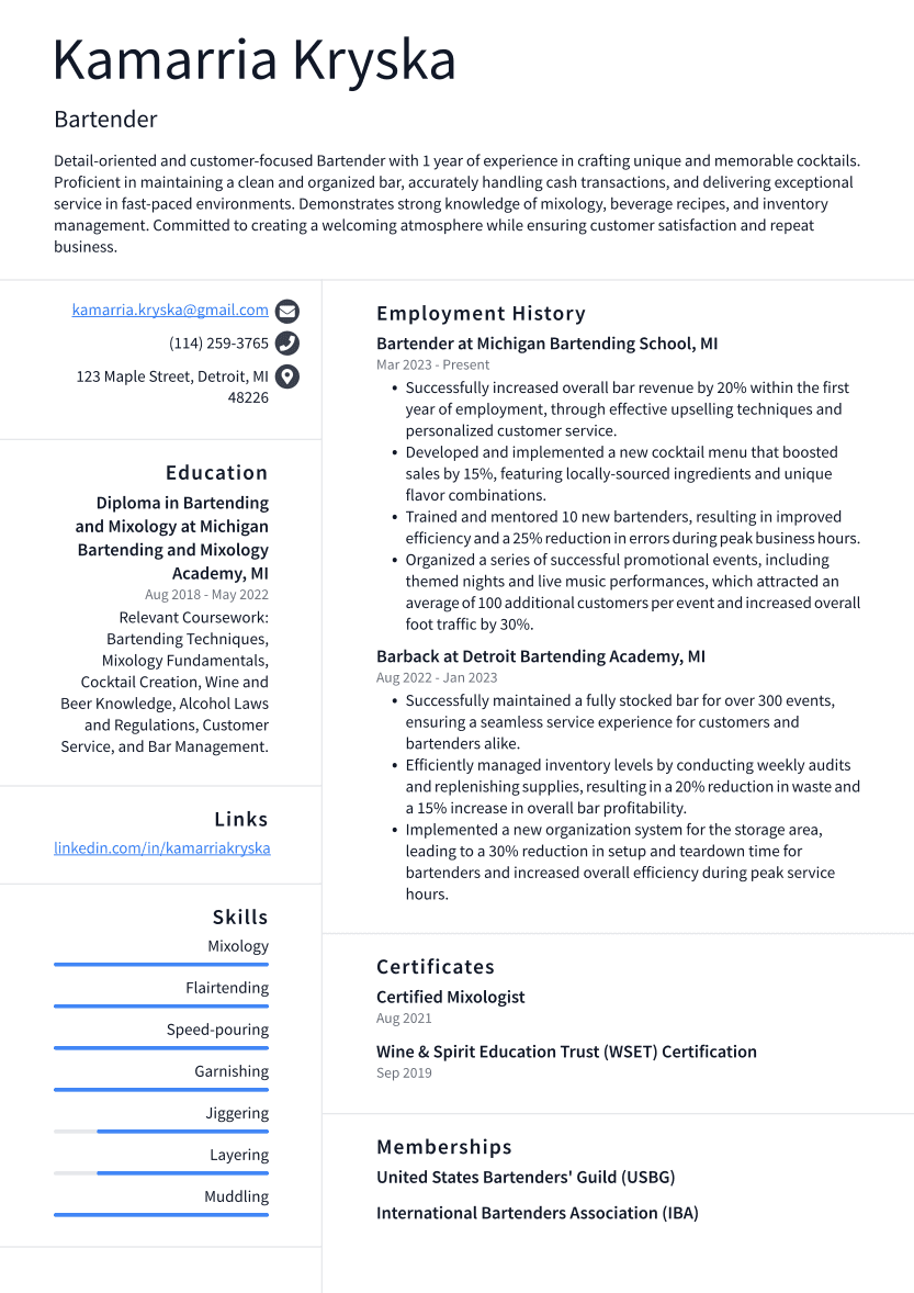 Bartender Resume Example