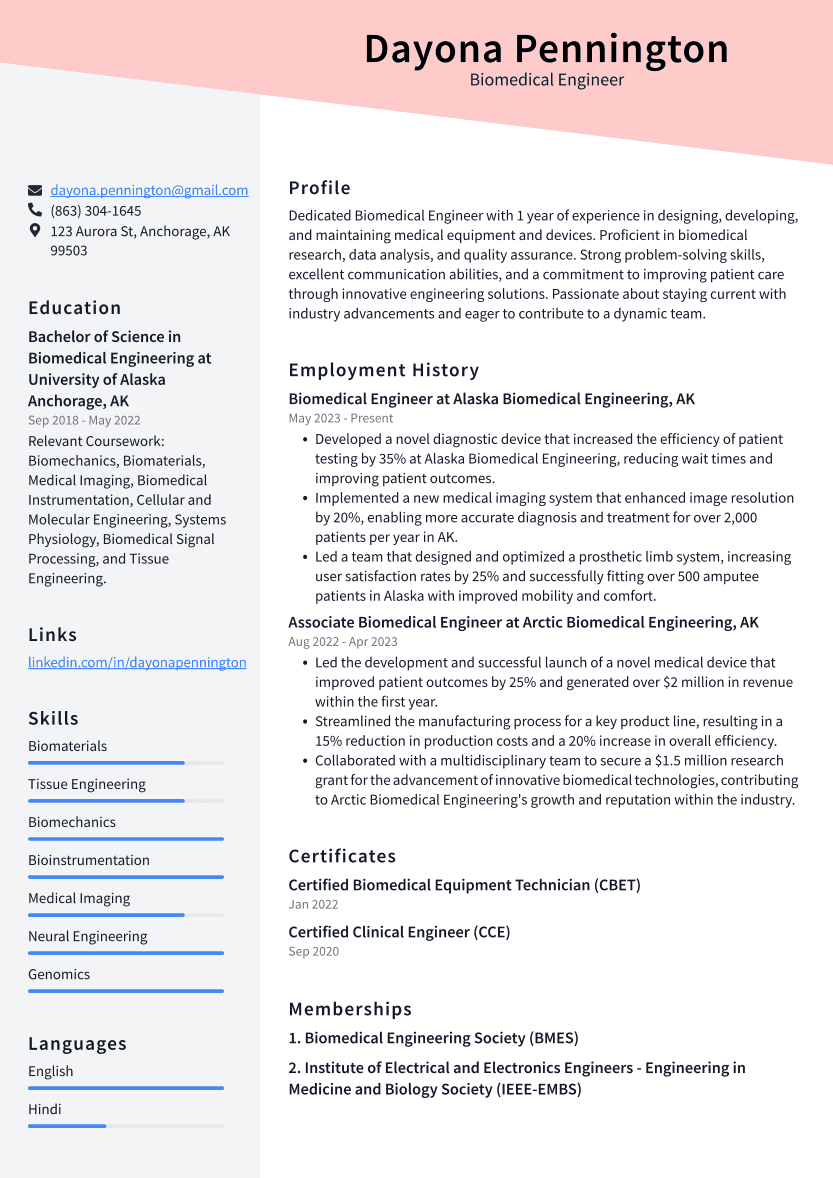 Biomedical Engineer Resume Example