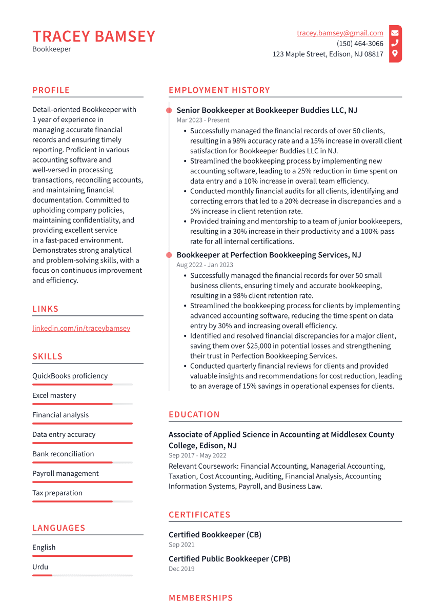 Bookkeeper Resume Example