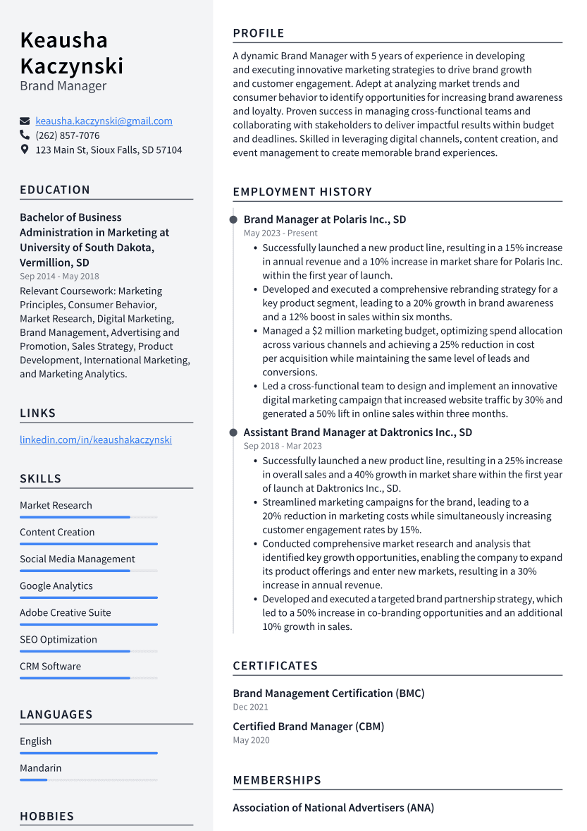 Brand Manager Resume Example