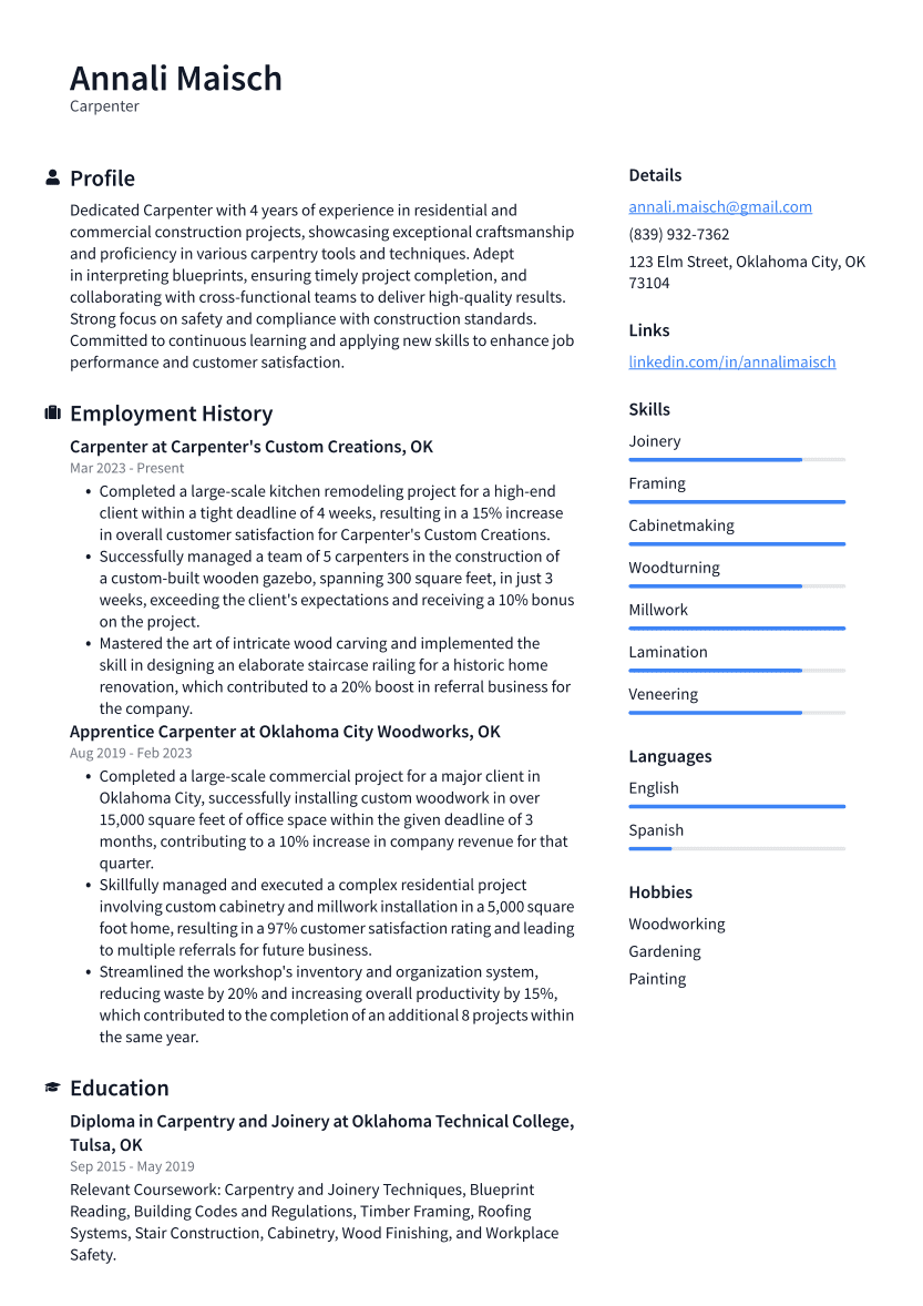 Carpenter Resume Example