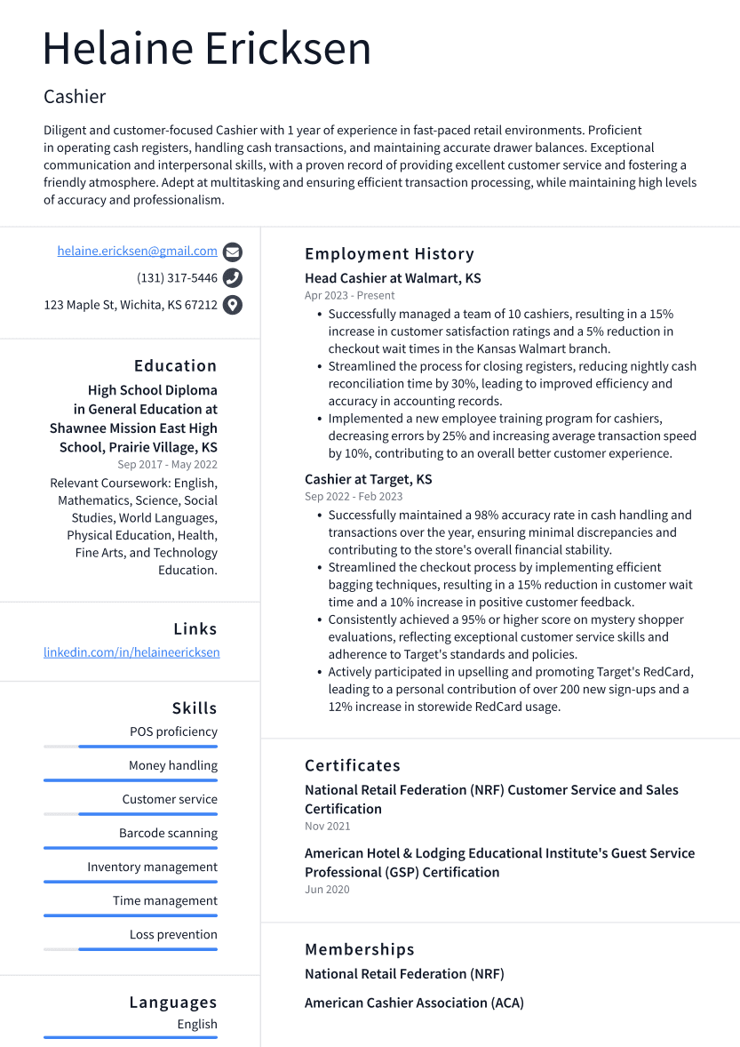 Cashier Resume Example