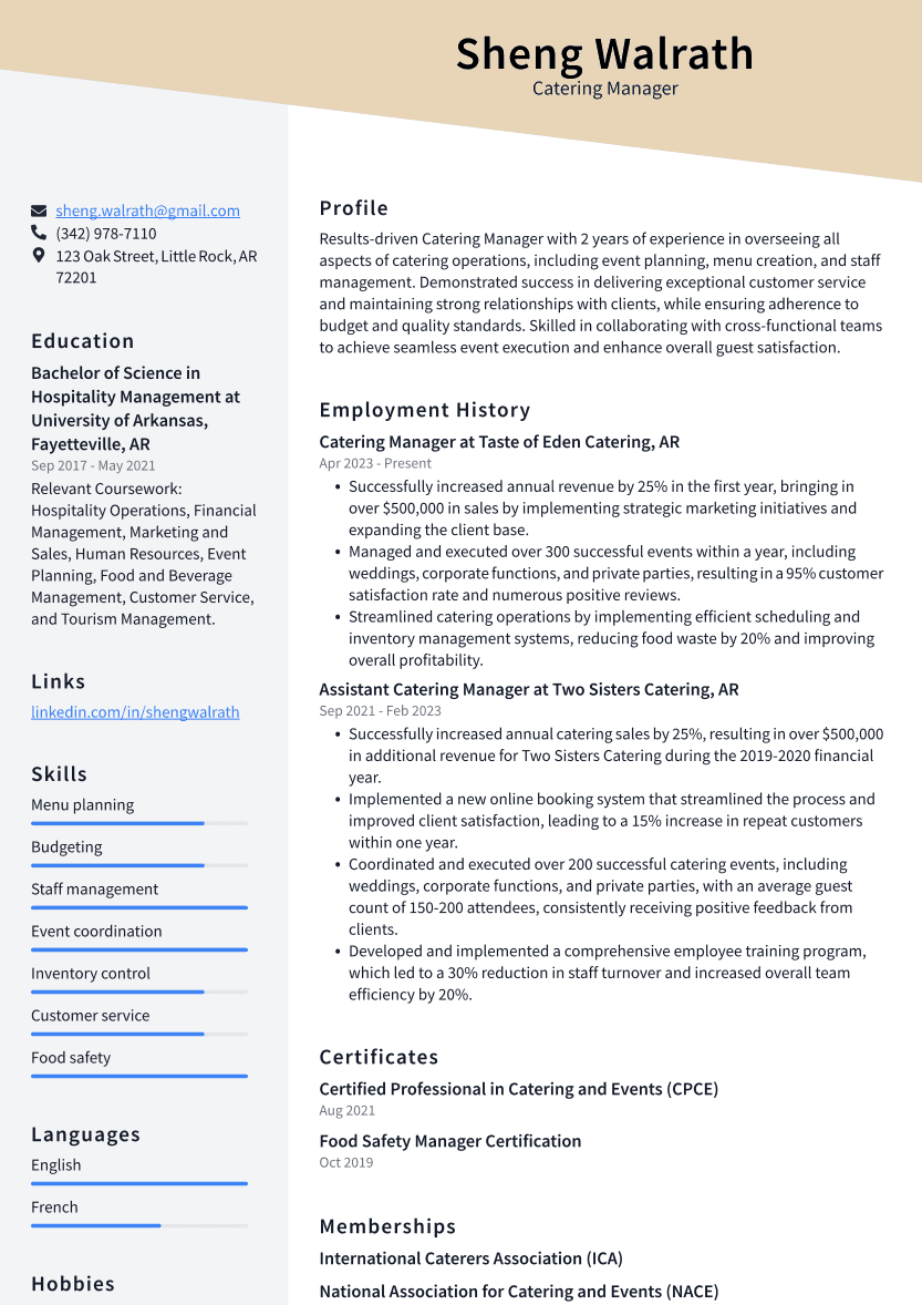 Catering Manager Resume Example