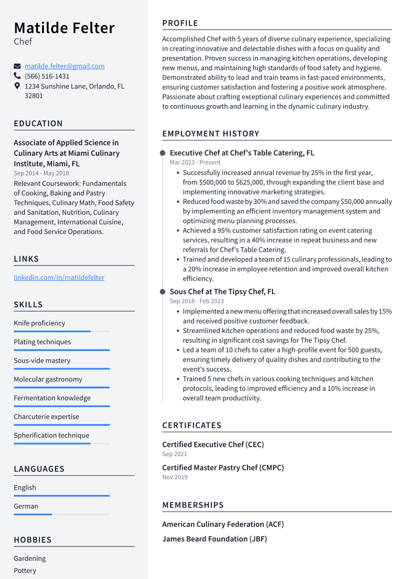 Chef Resume Example