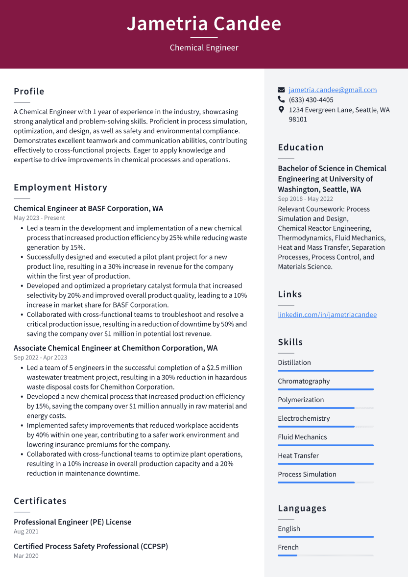 Chemical Engineer Resume Example