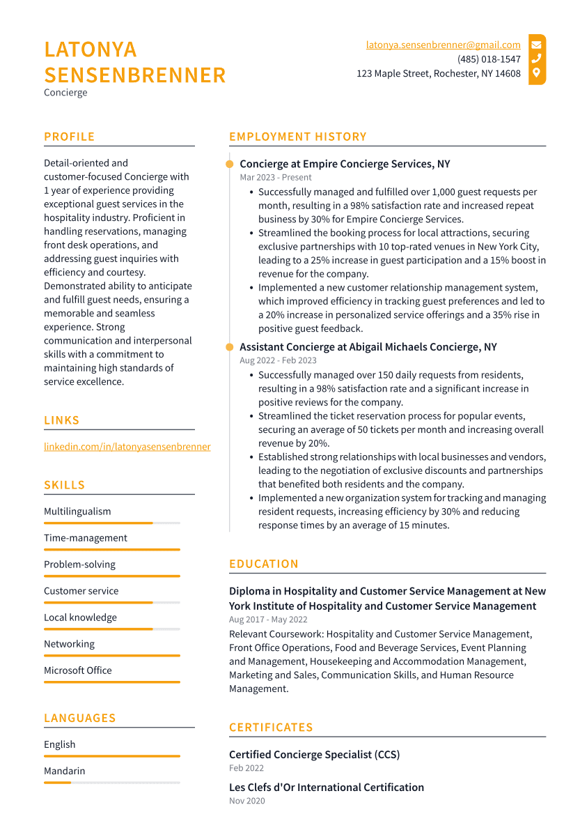 Concierge Resume Example
