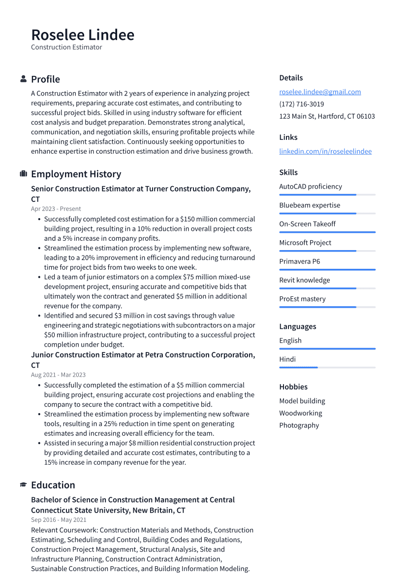 Construction Estimator Resume Example