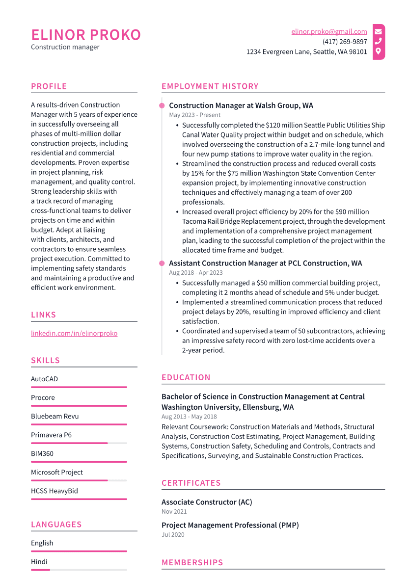 Construction manager Resume Example