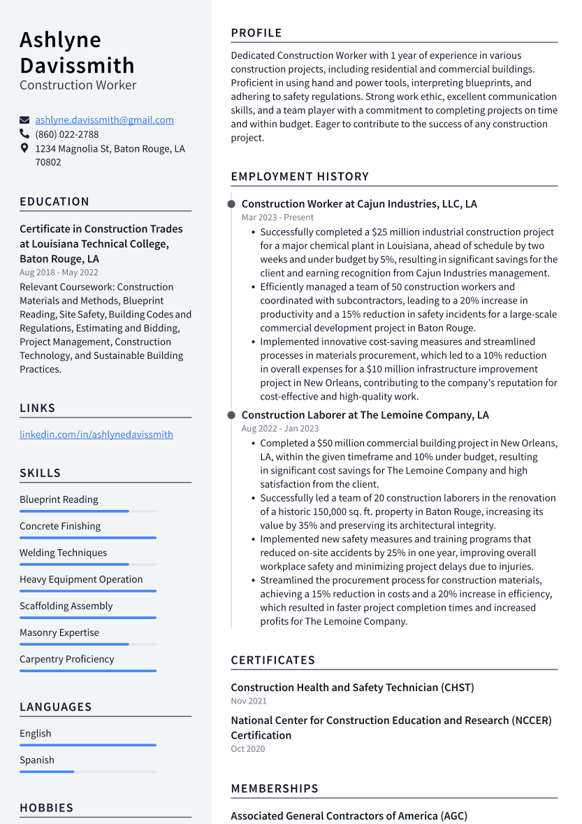 Construction Worker Resume Example