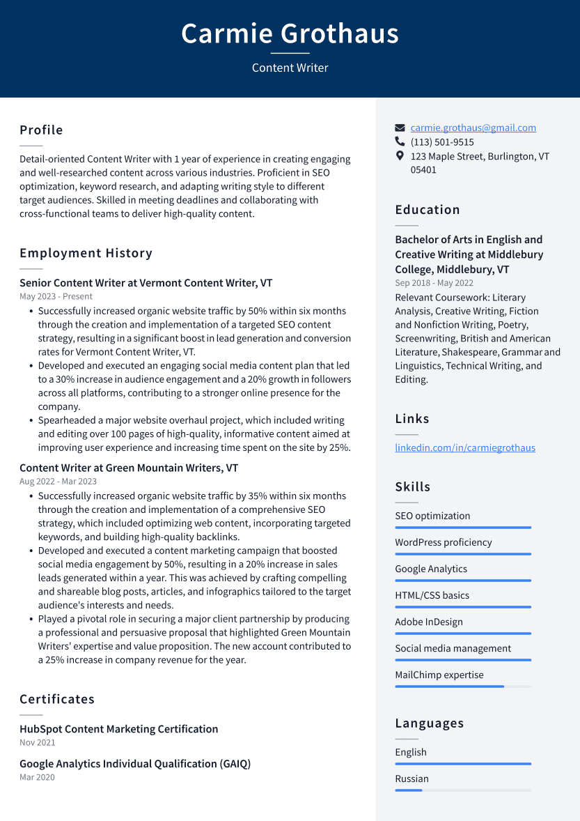 Content Writer Resume Example
