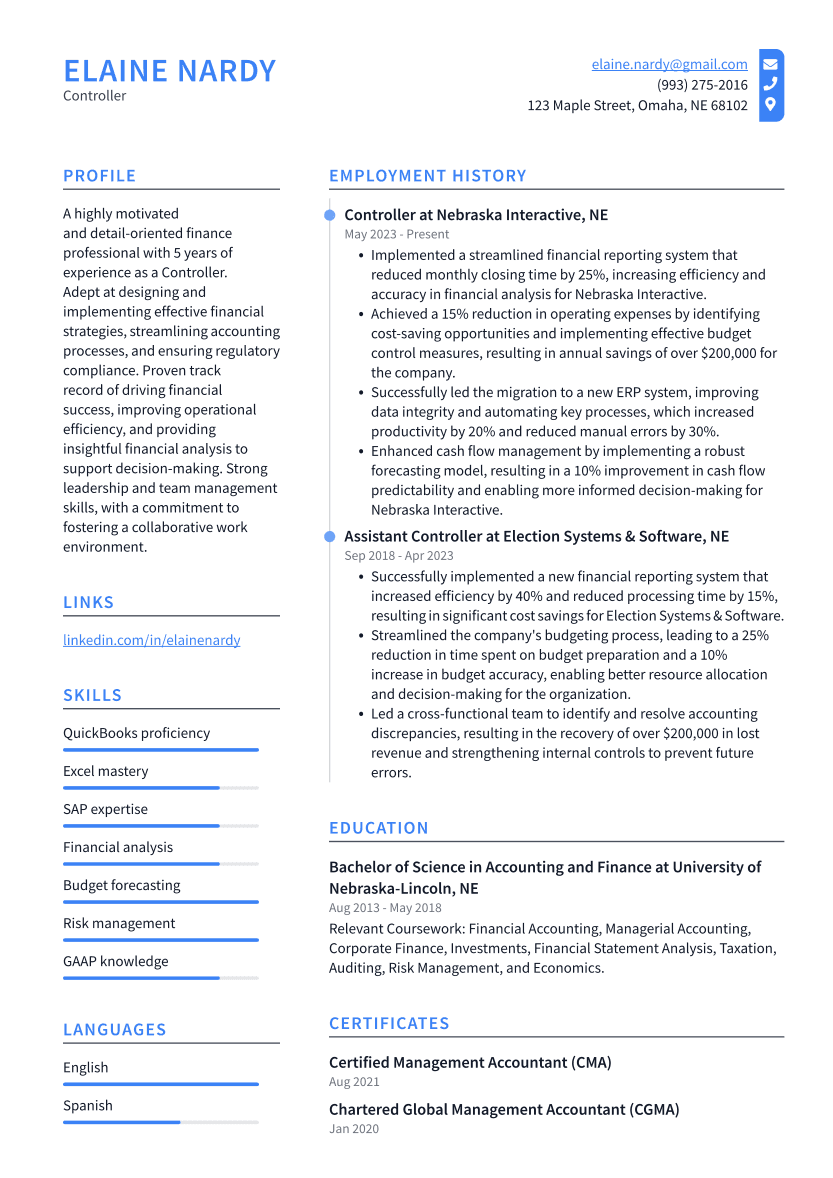 Controller Resume Example