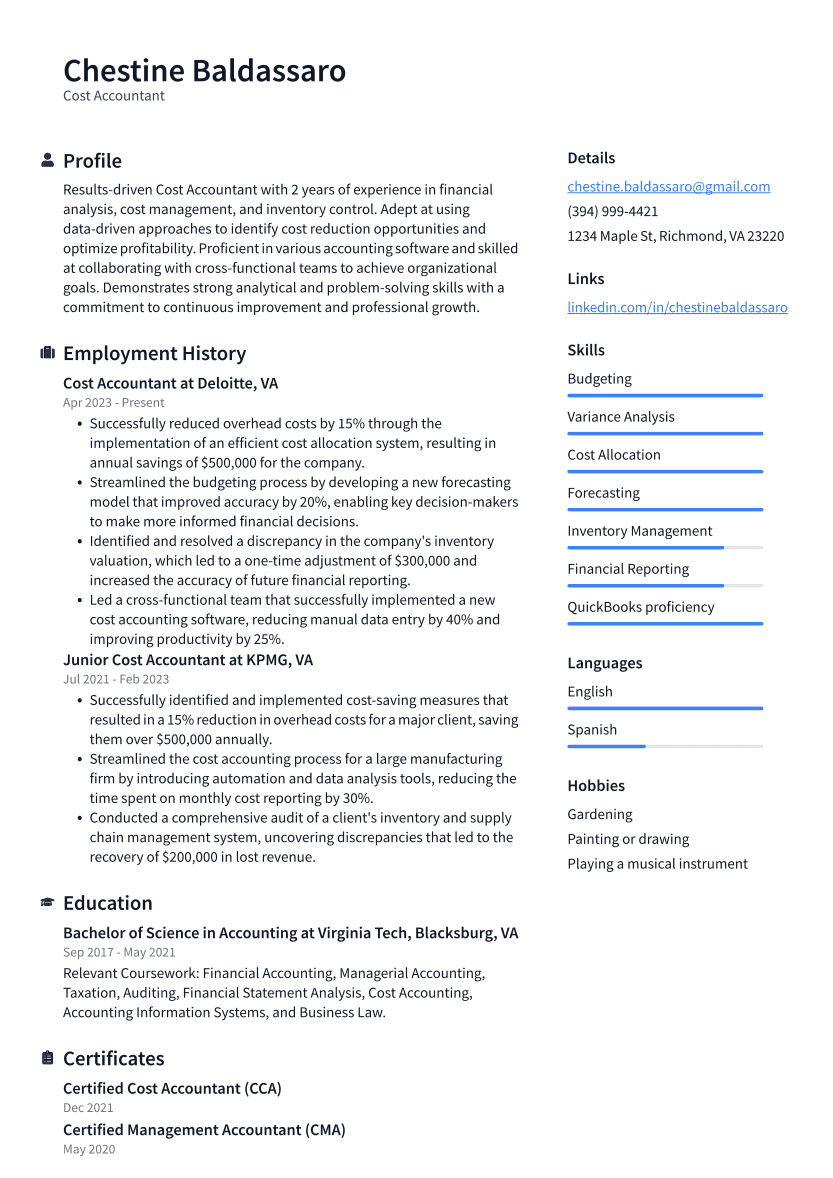 Cost Accountant Resume Example