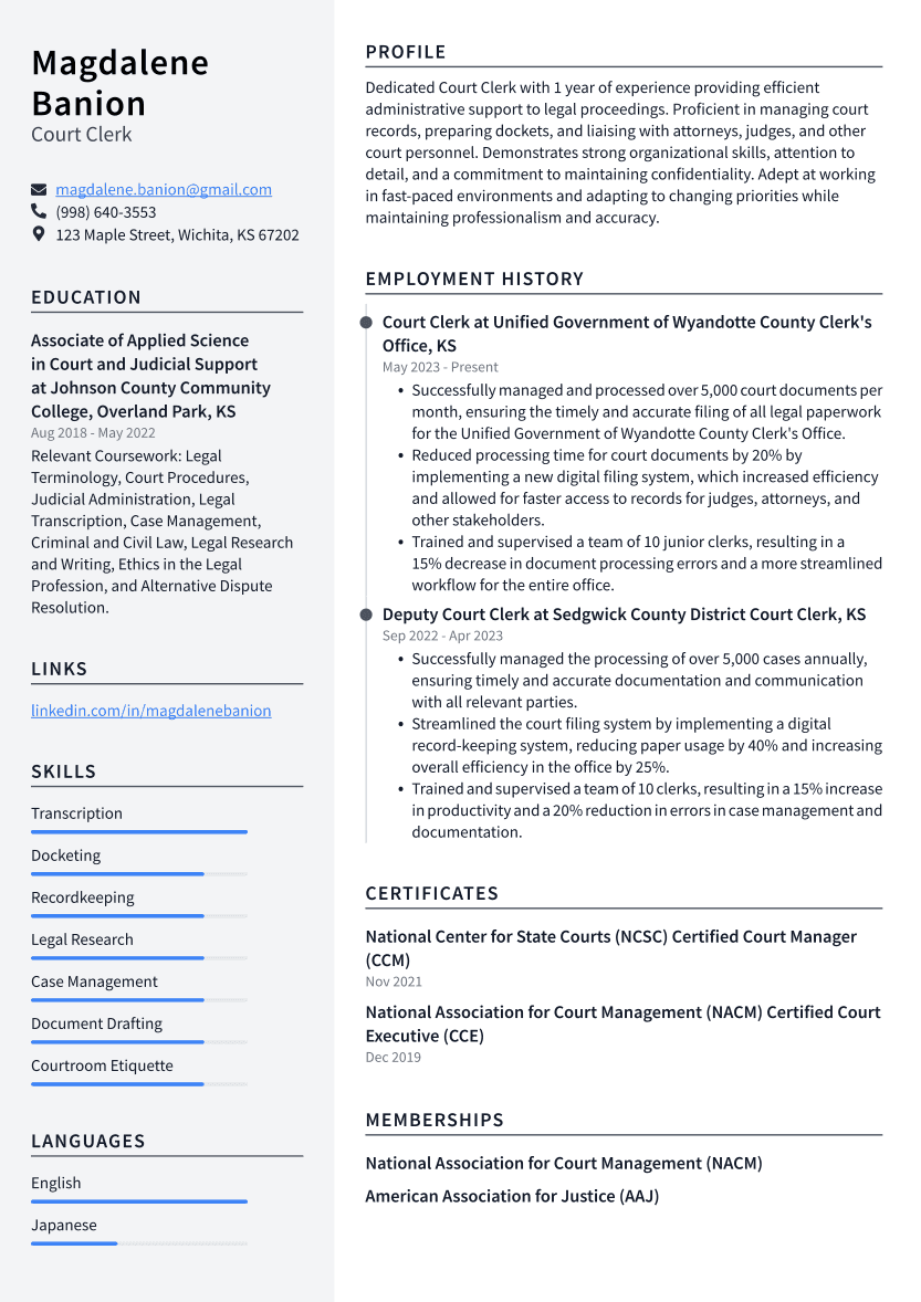 Court Clerk Resume Example