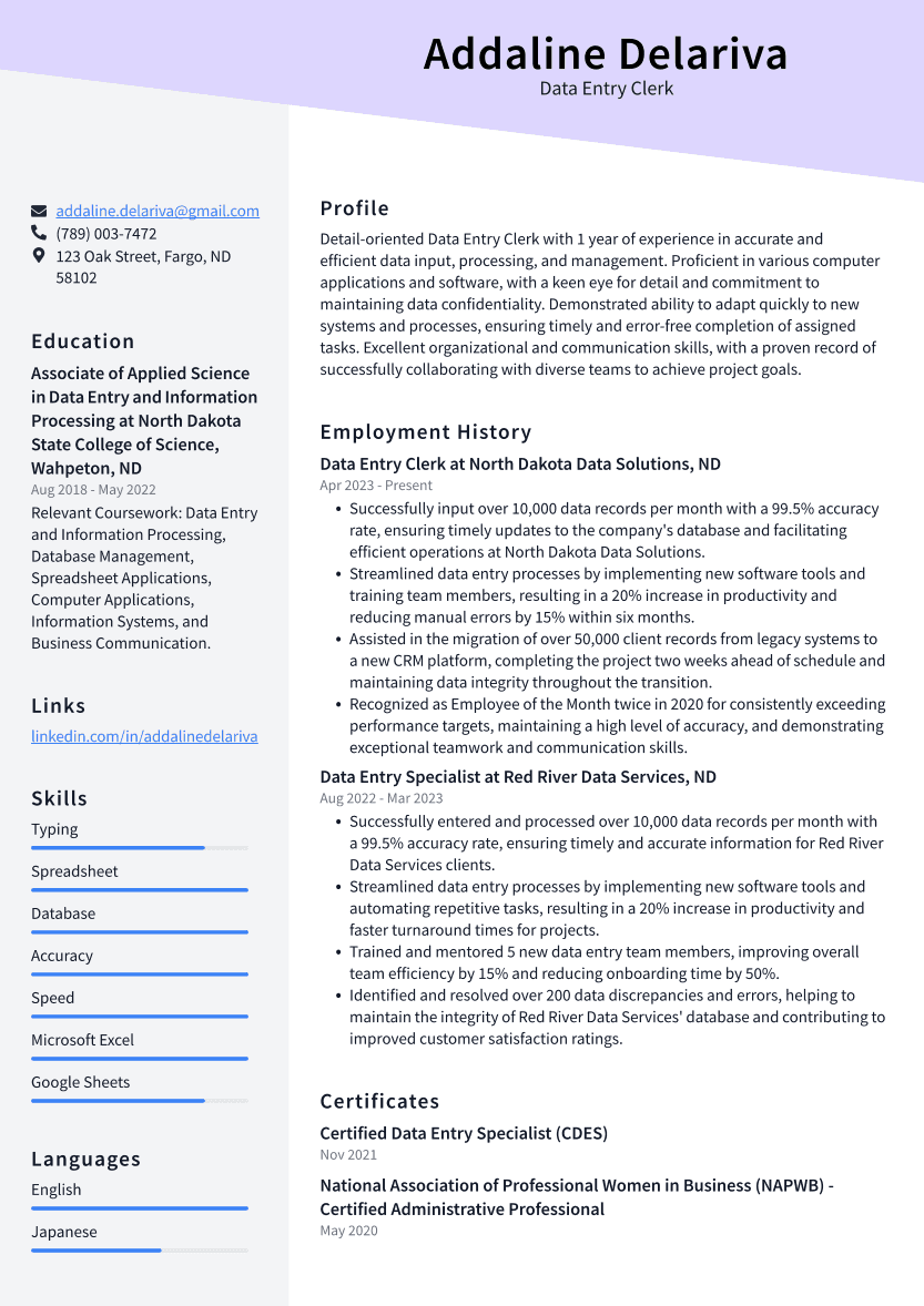 Data Entry Clerk Resume Example