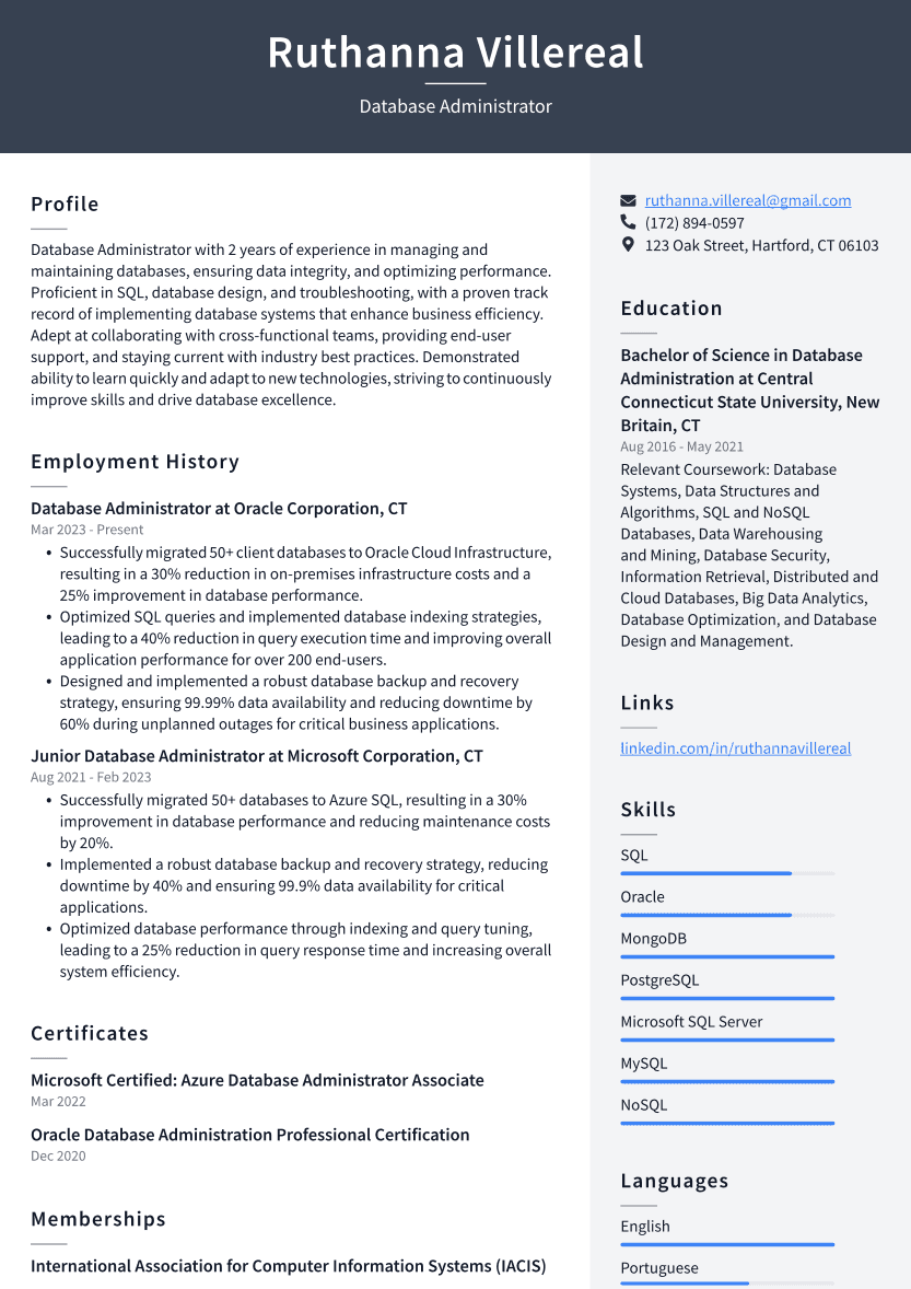 Database Administrator Resume Example