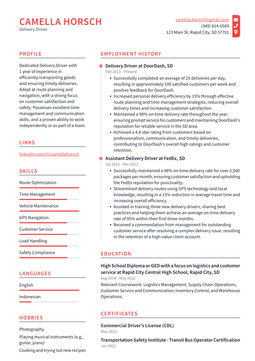 Delivery Driver Resume Example
