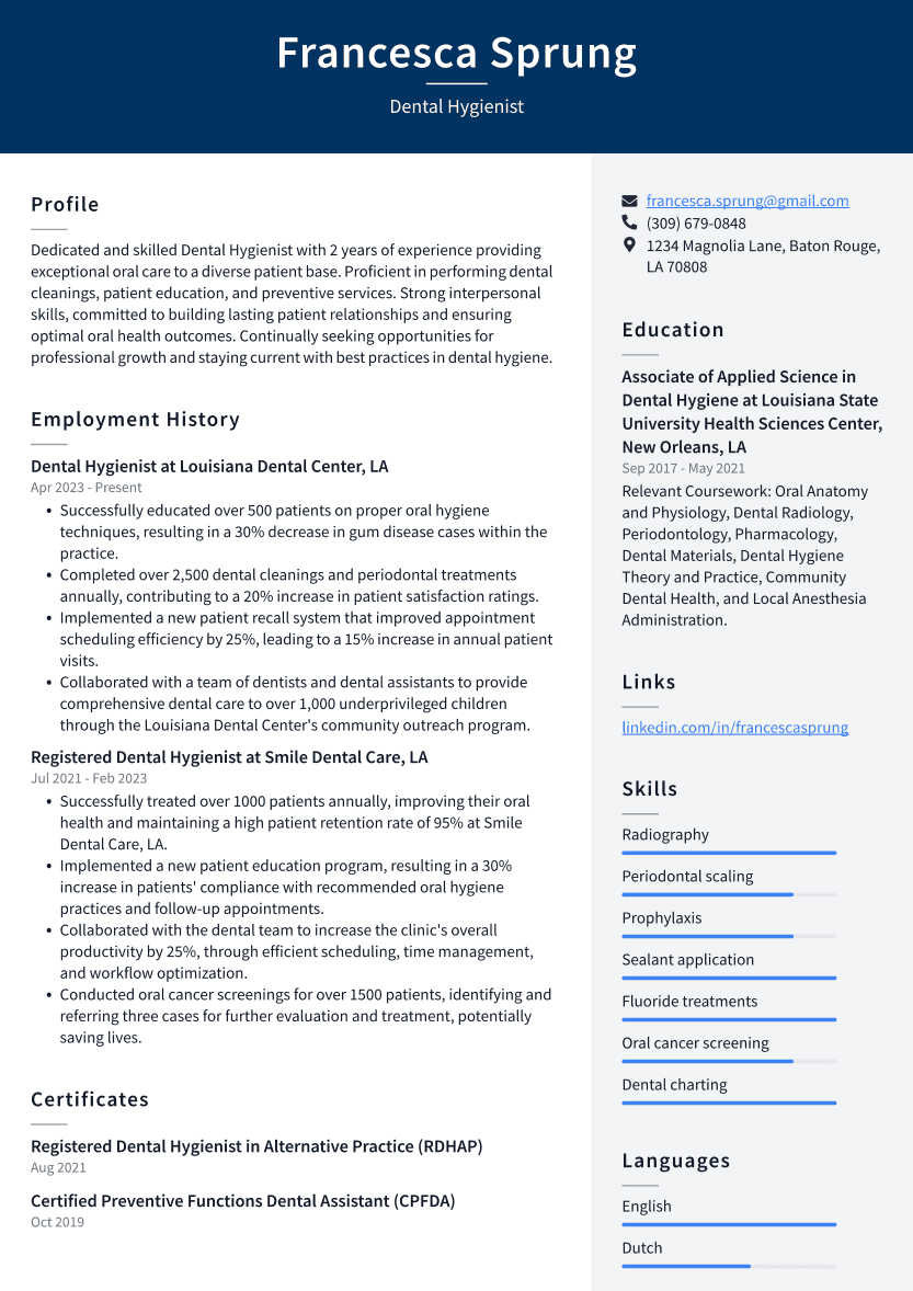 Dental Hygienist Resume Example