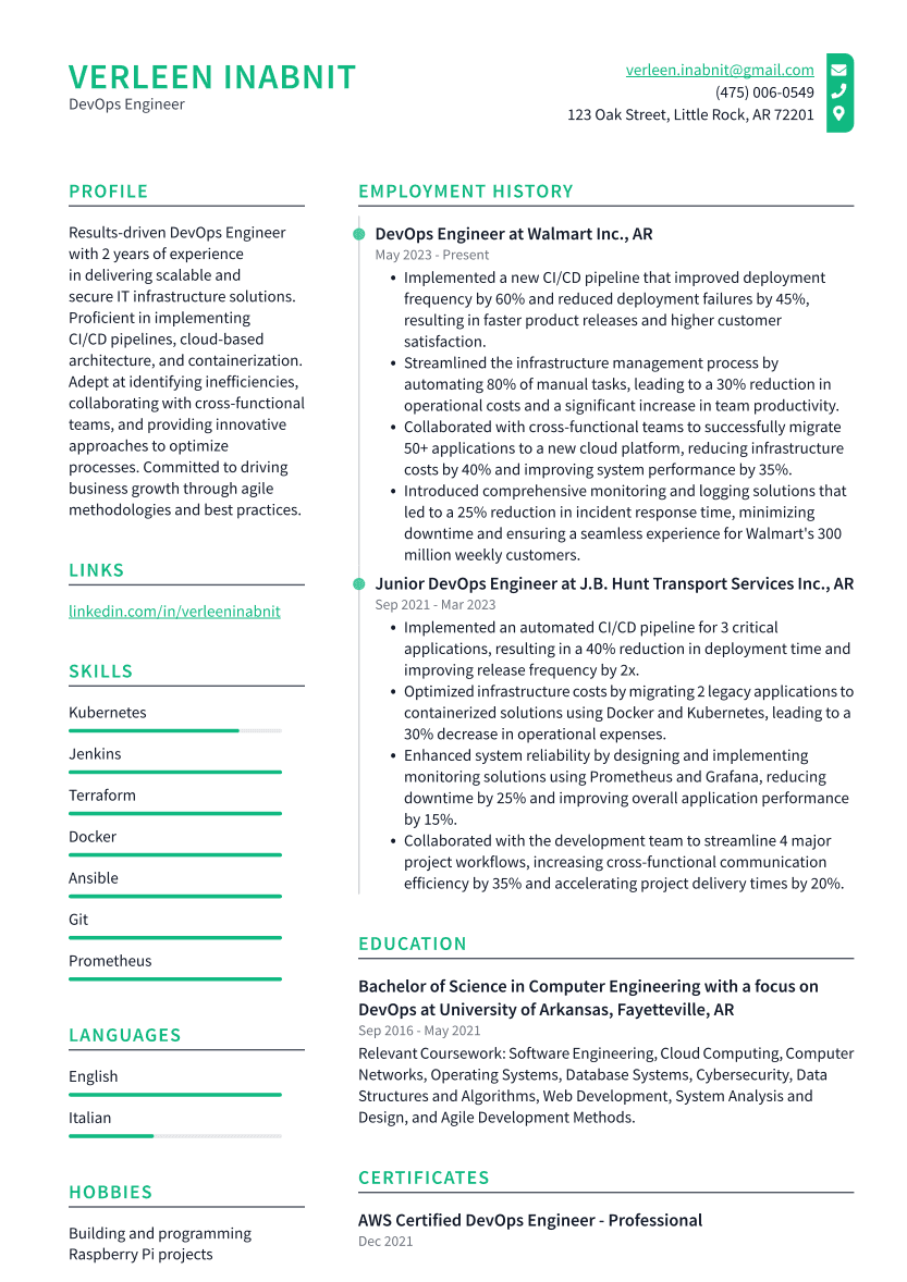 DevOps Engineer Resume Example