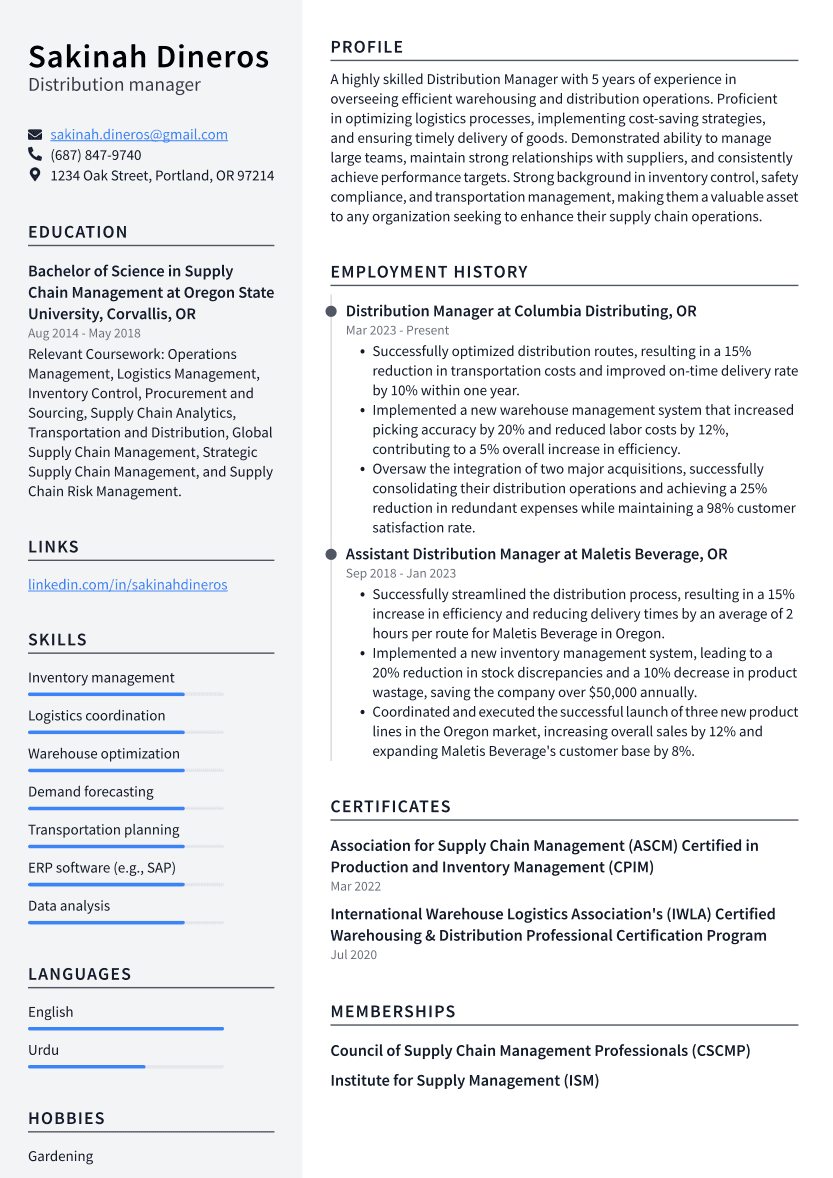 Distribution manager Resume Example