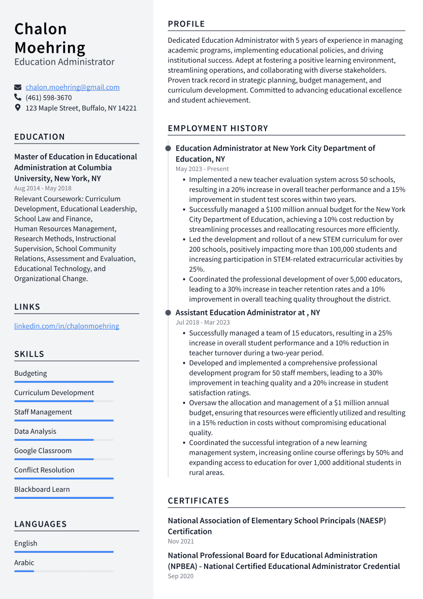Education Administrator Resume Example