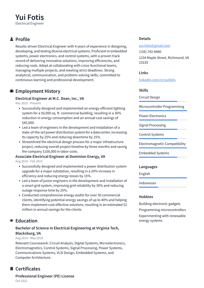 Electrical Engineer Resume Example