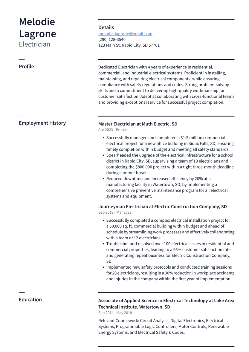 Electrician Resume Example