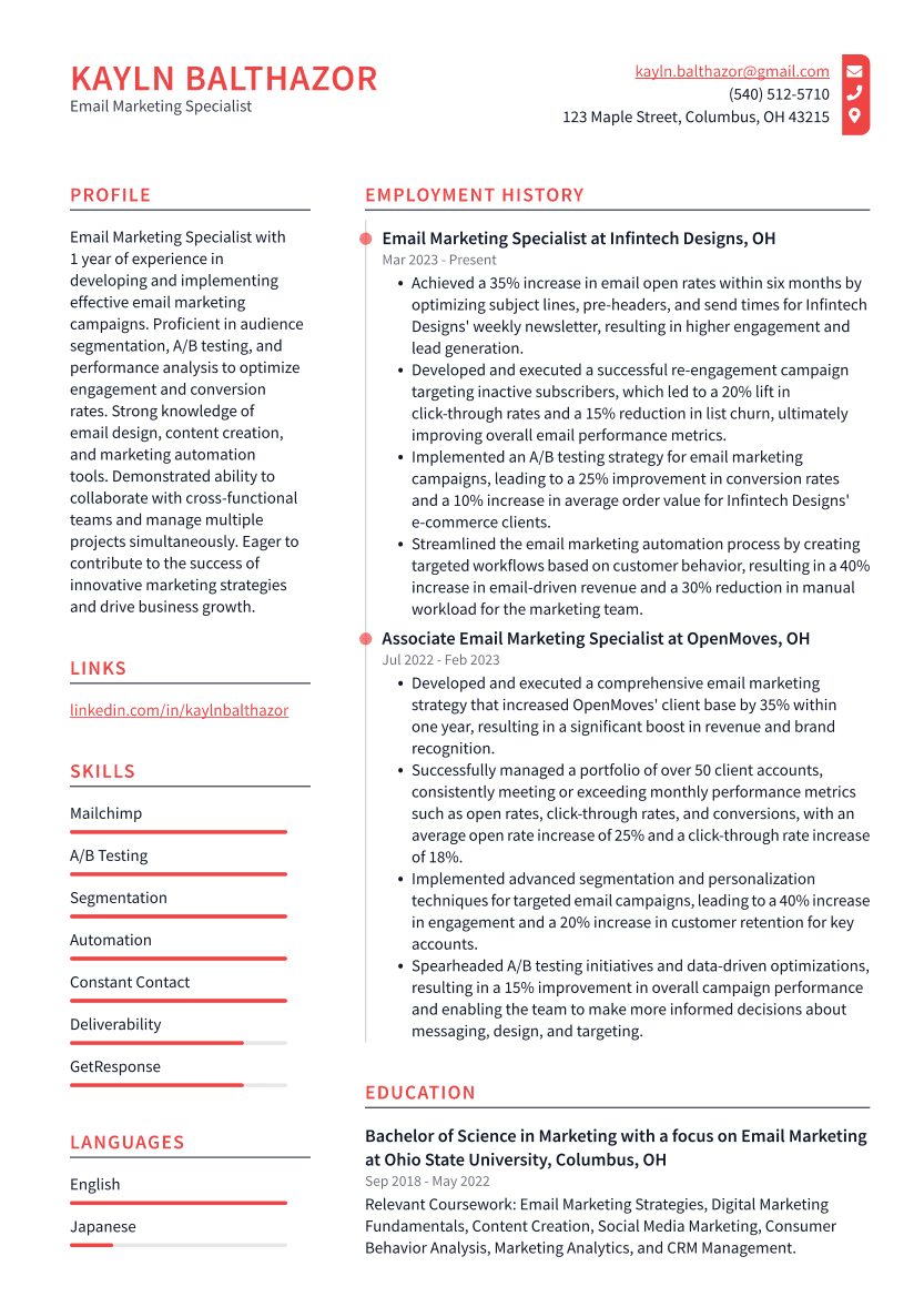 Email Marketing Specialist Resume Example