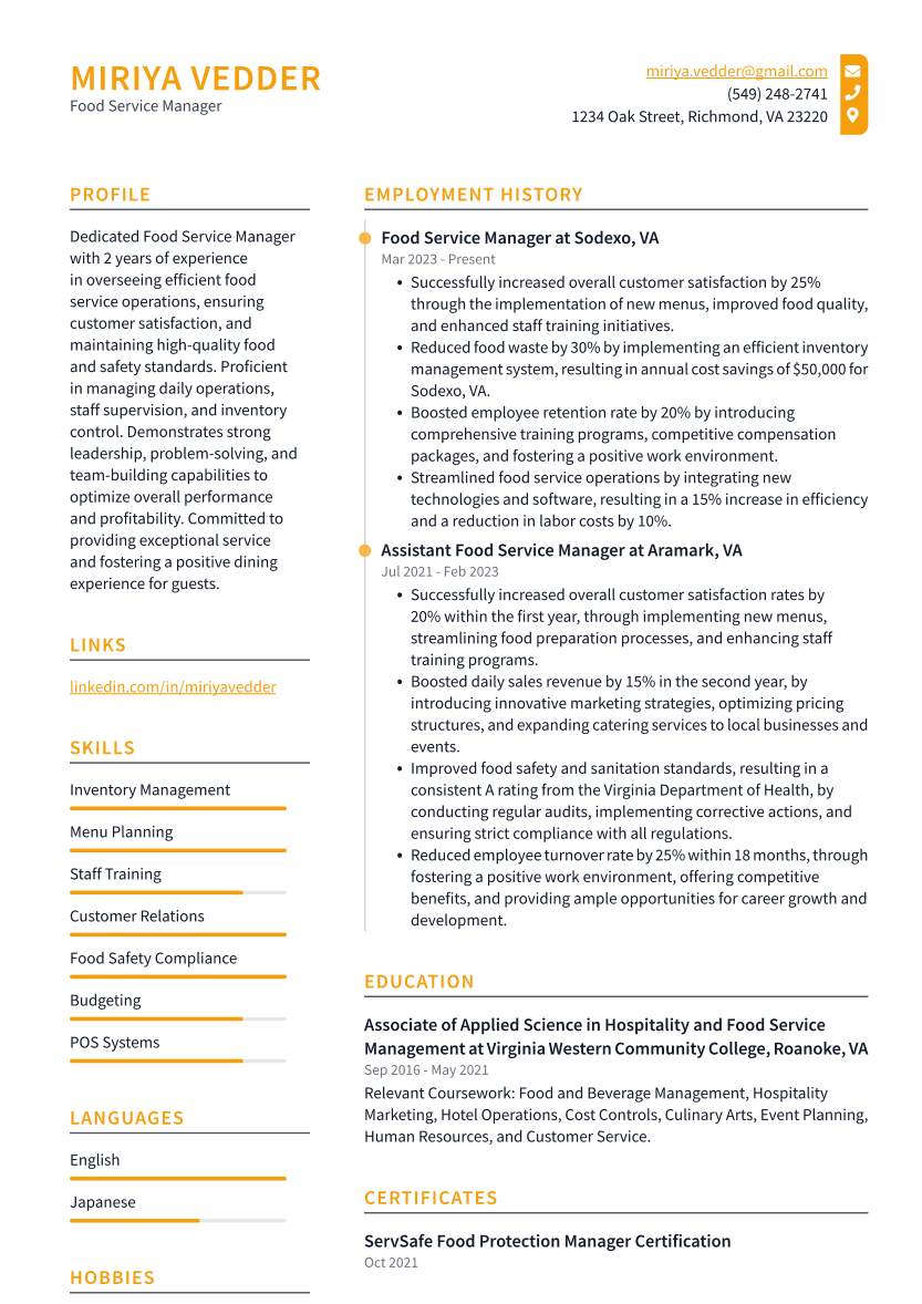 Food Service Manager Resume Example