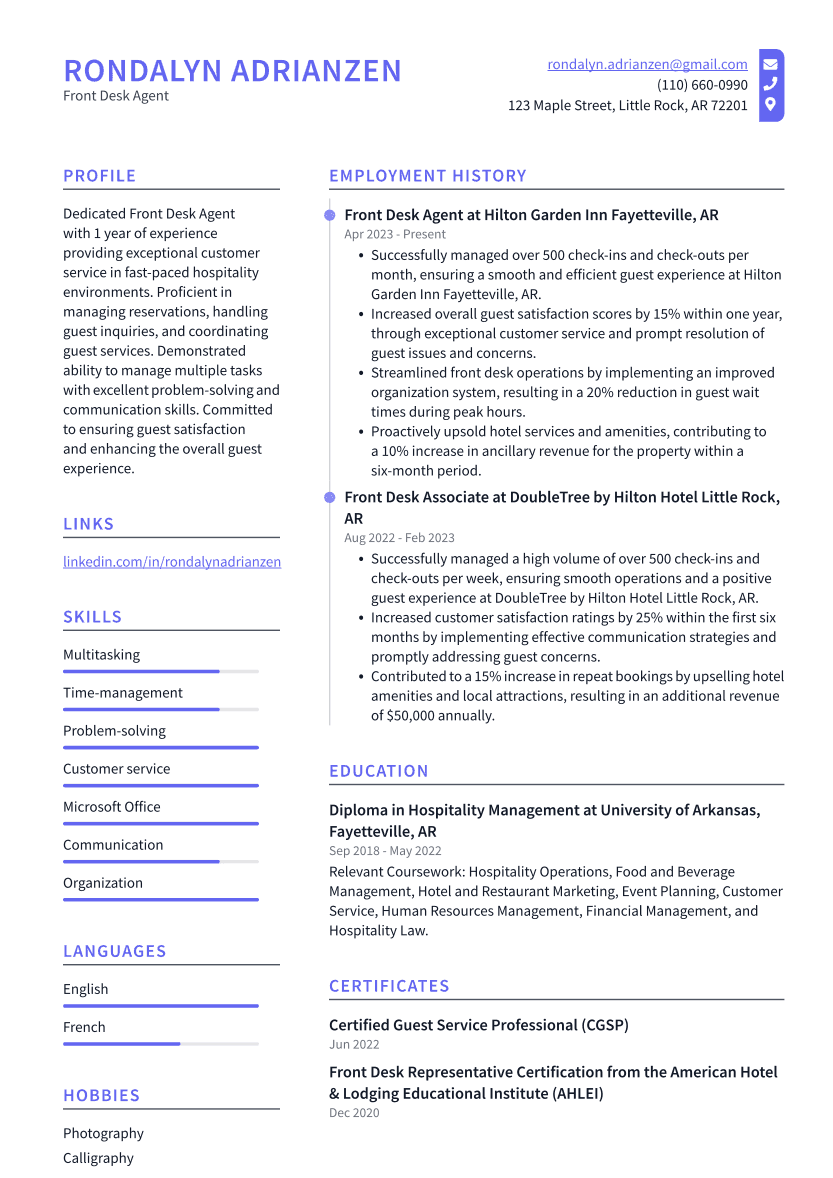 Front Desk Agent Resume Example