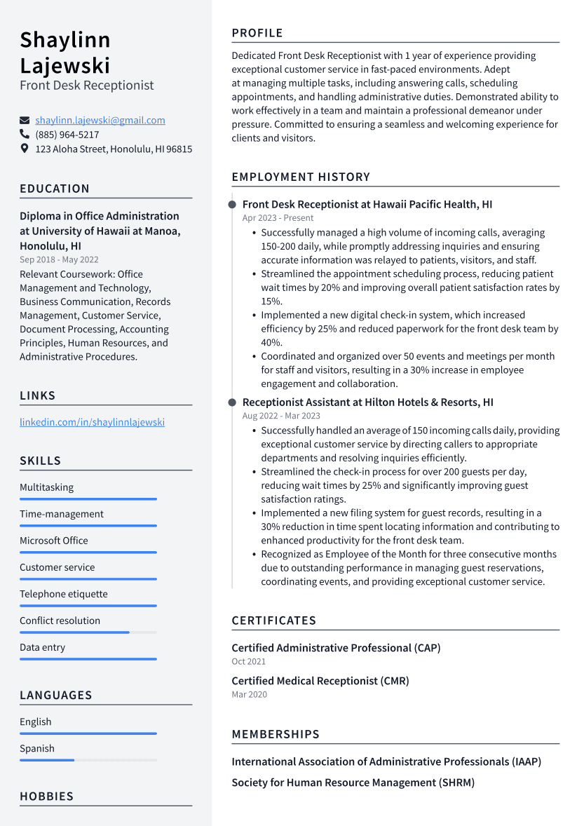 Front Desk Receptionist Resume Example