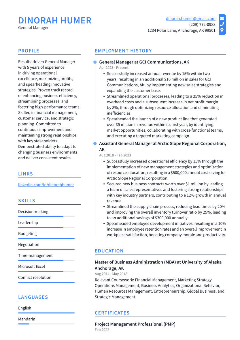 General Manager Resume Example