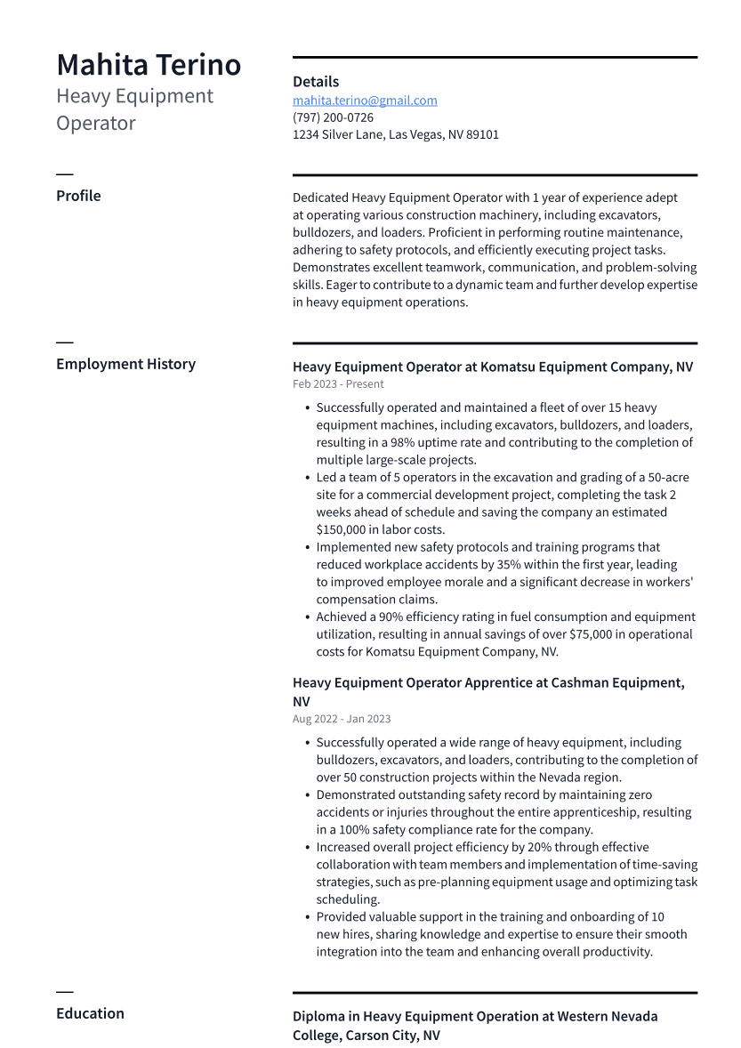 Heavy Equipment Operator Resume Example