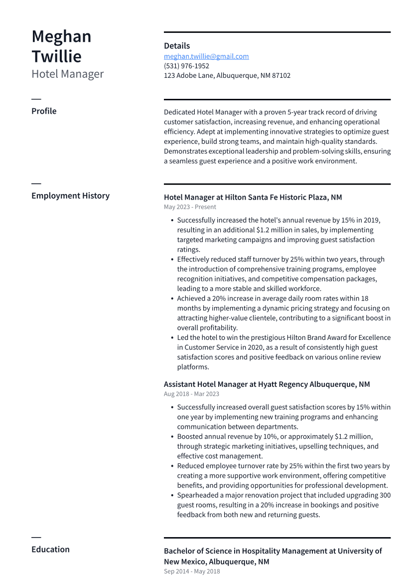 Hotel Manager Resume Example