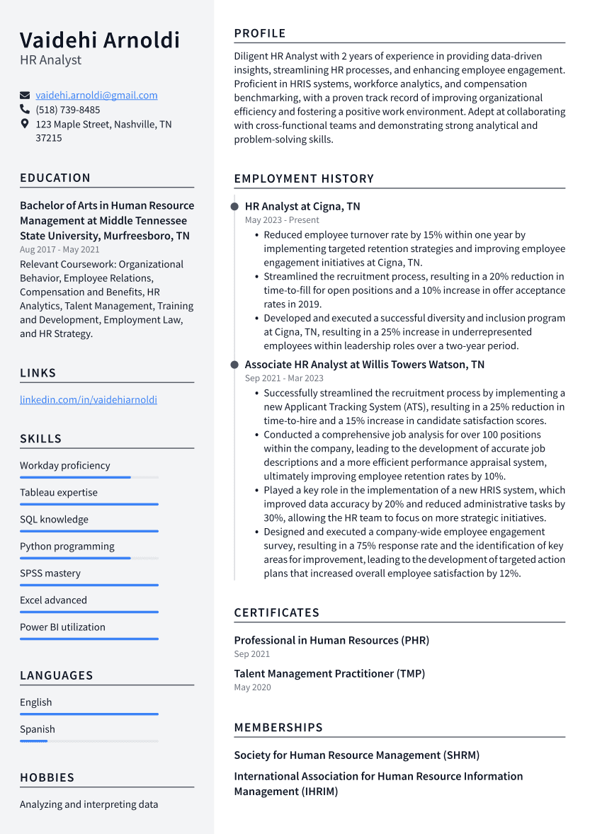 HR Analyst Resume Example