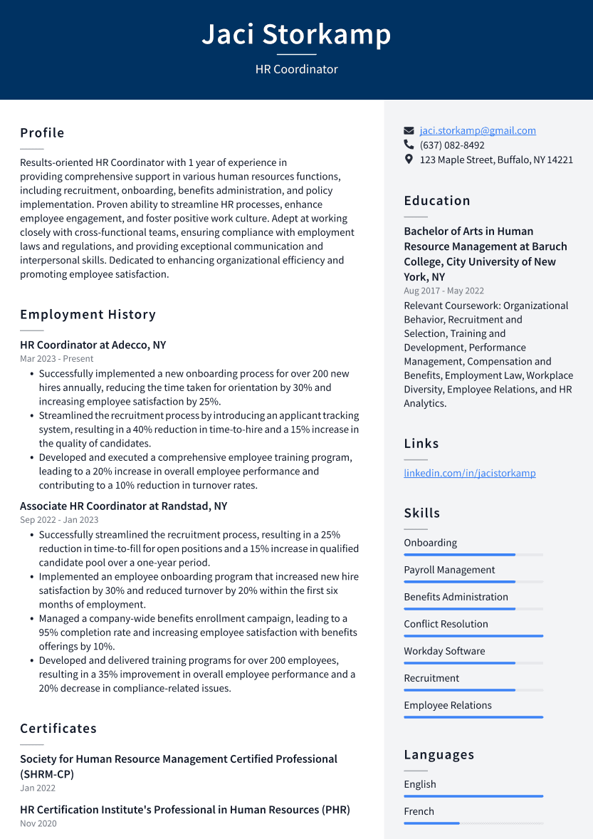 HR Coordinator Resume Example
