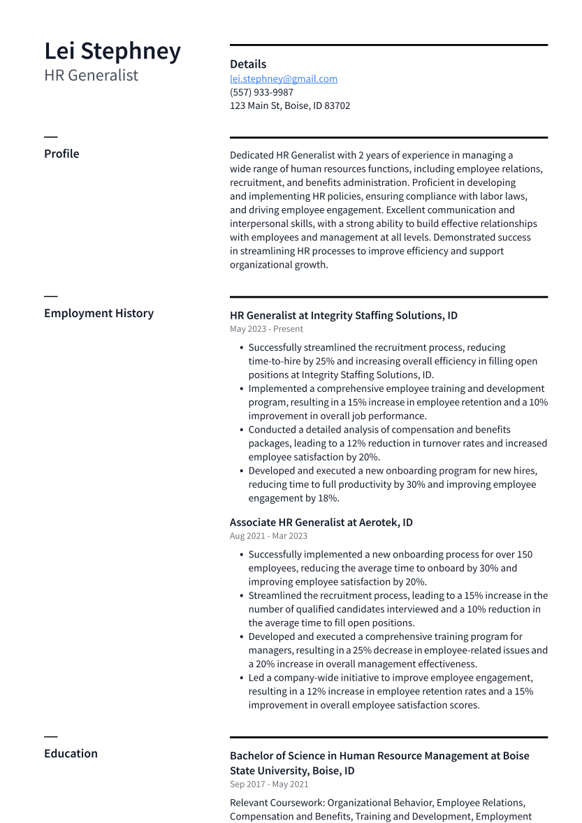 HR Generalist Resume Example