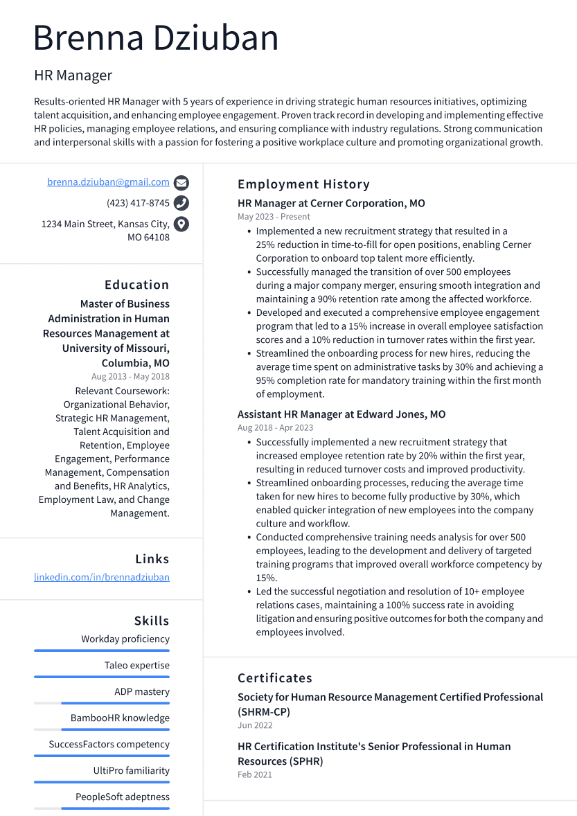 HR Manager Resume Example
