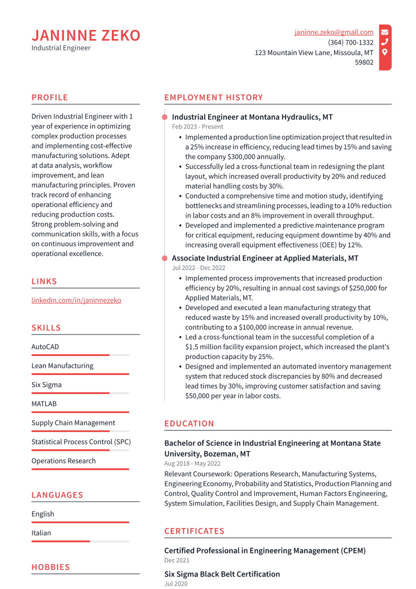 Industrial Engineer Resume Example