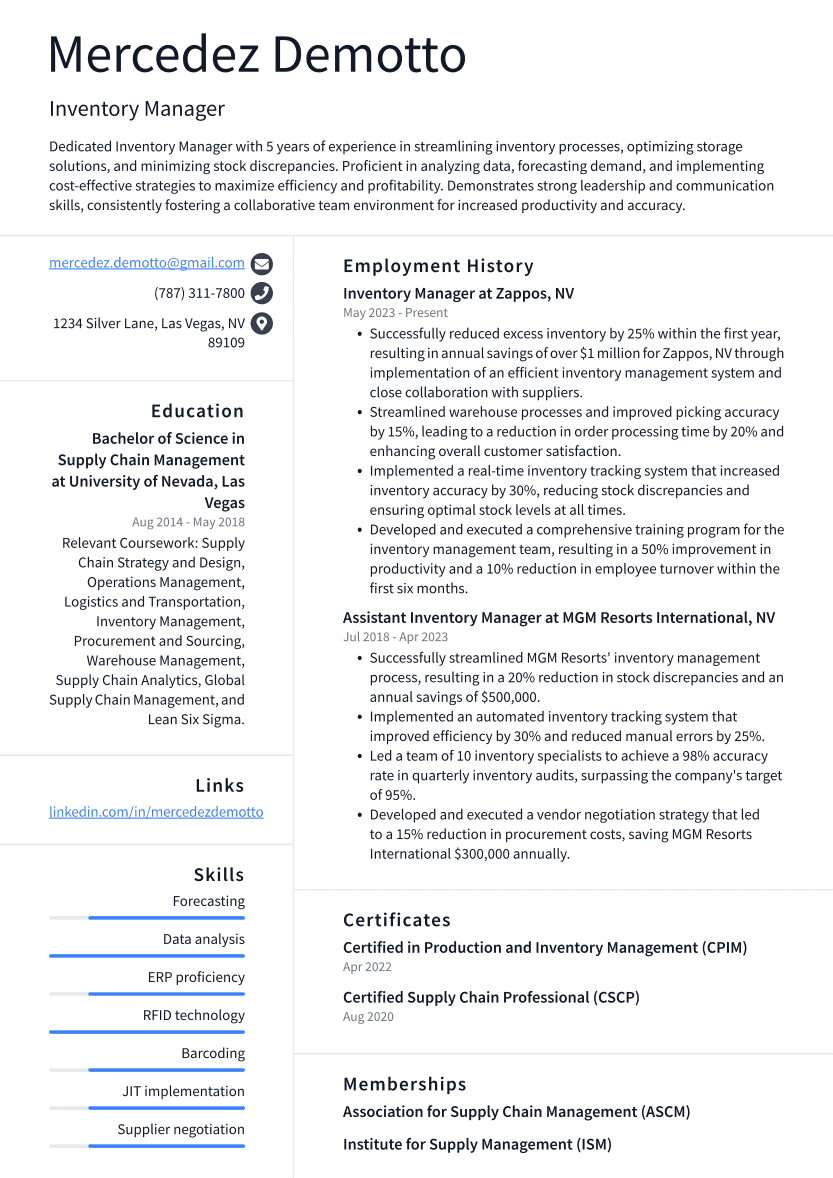 Inventory Manager Resume Example