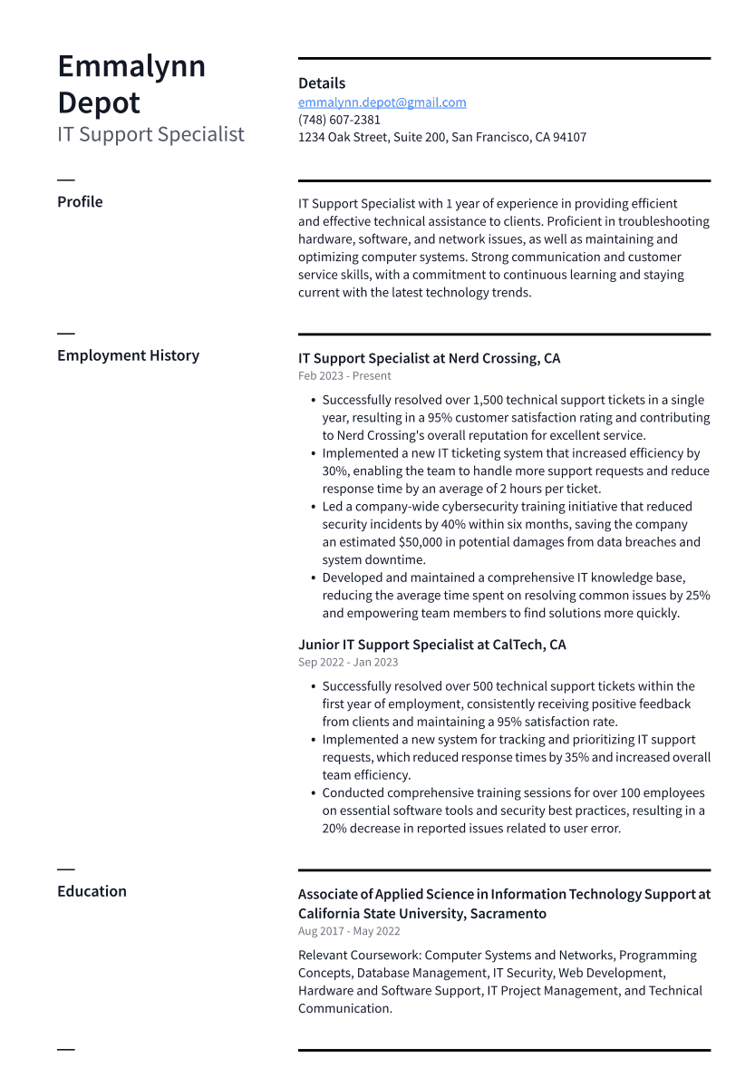 IT Support Specialist Resume Example