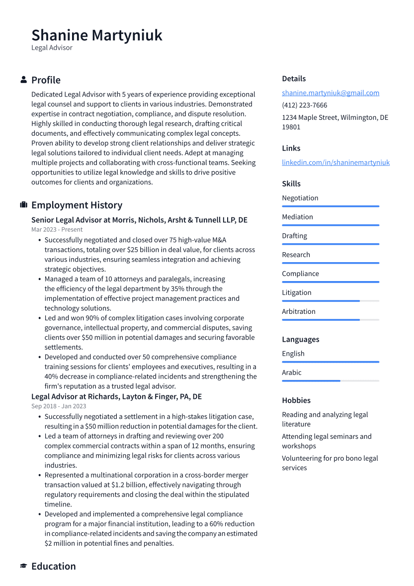 Legal Advisor Resume Example