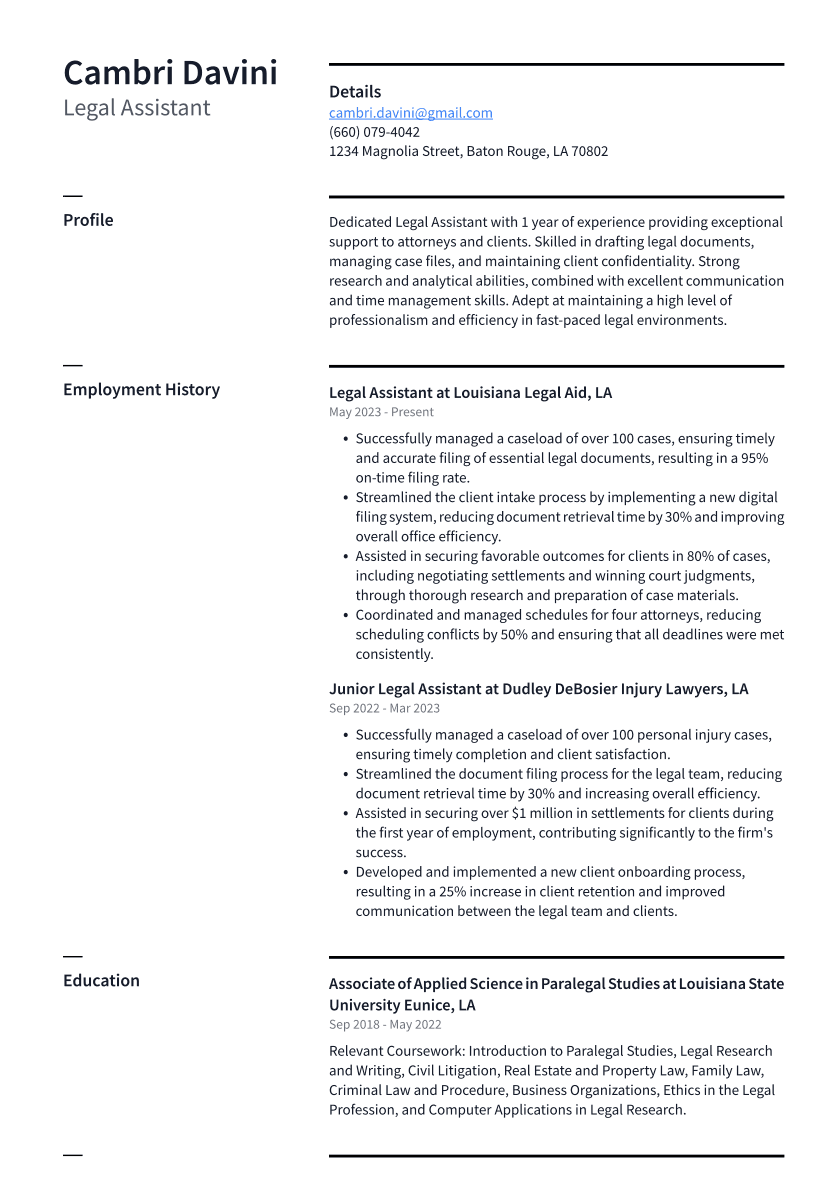 Legal Assistant Resume Example