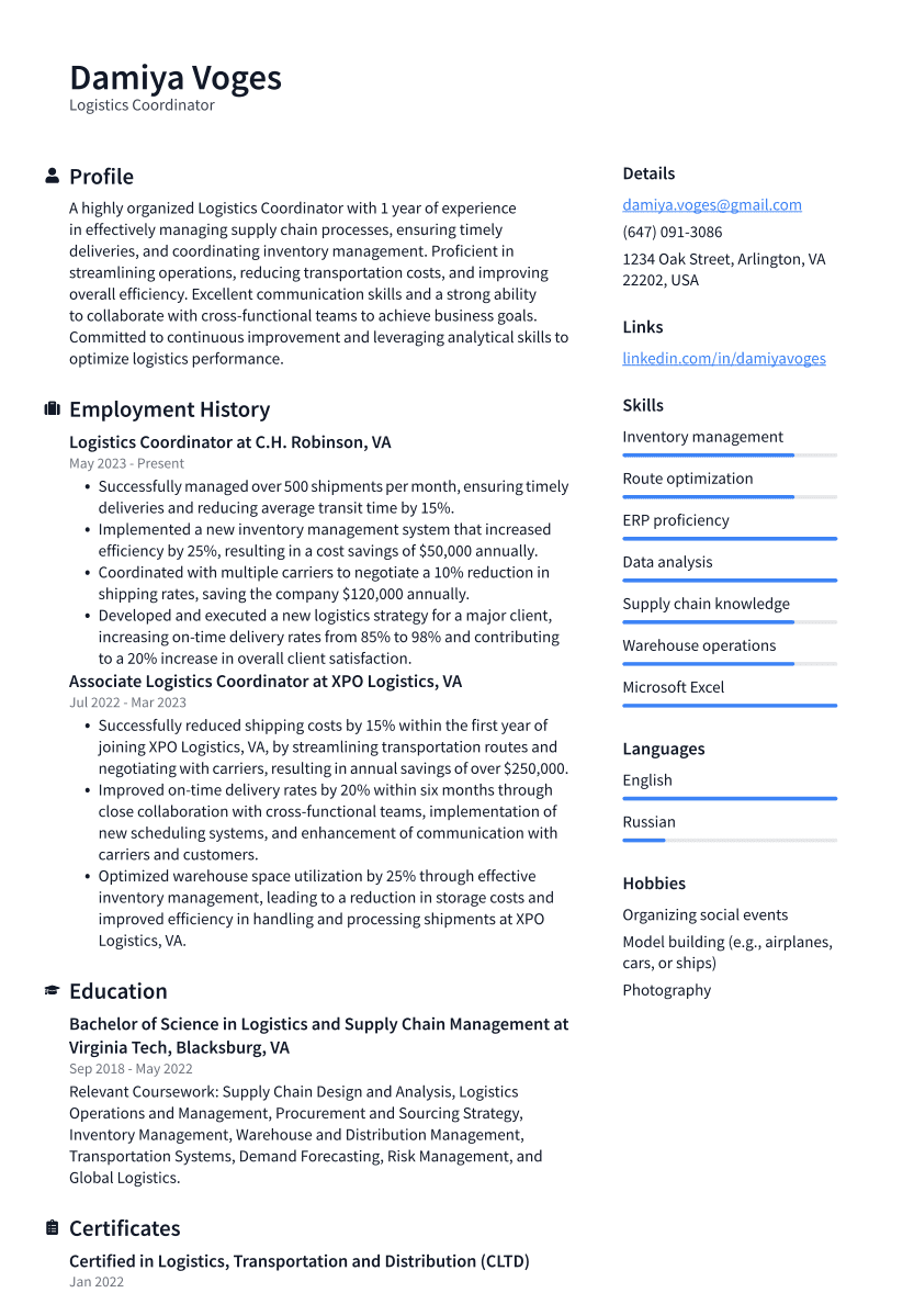 Logistics Coordinator Resume Example