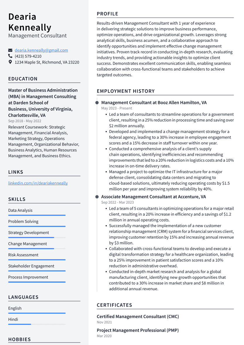 Management Consultant Resume Example