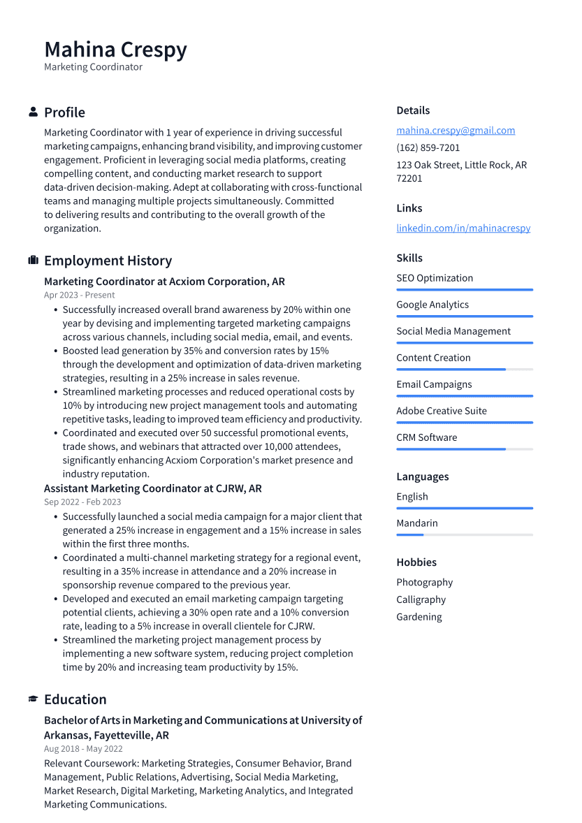 Marketing Coordinator Resume Example